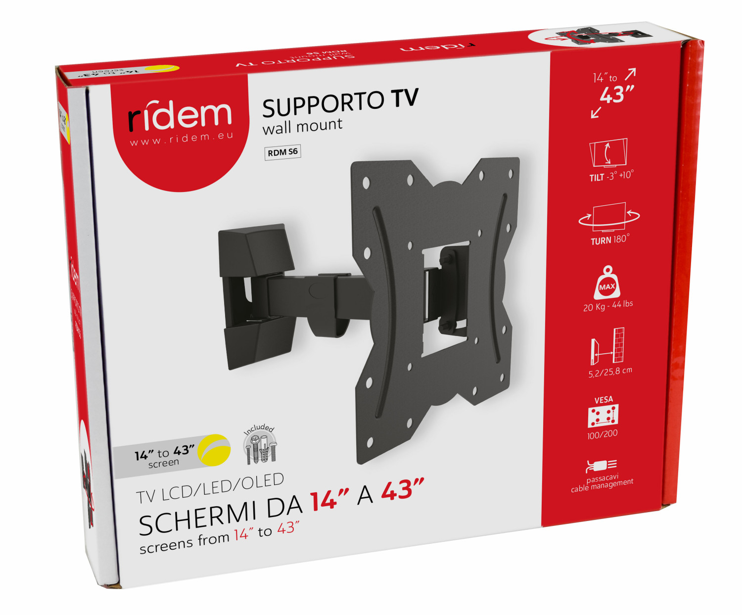 Verpakking voor tv-muurbeugel, zwart, voor 14-43 inch schermen.