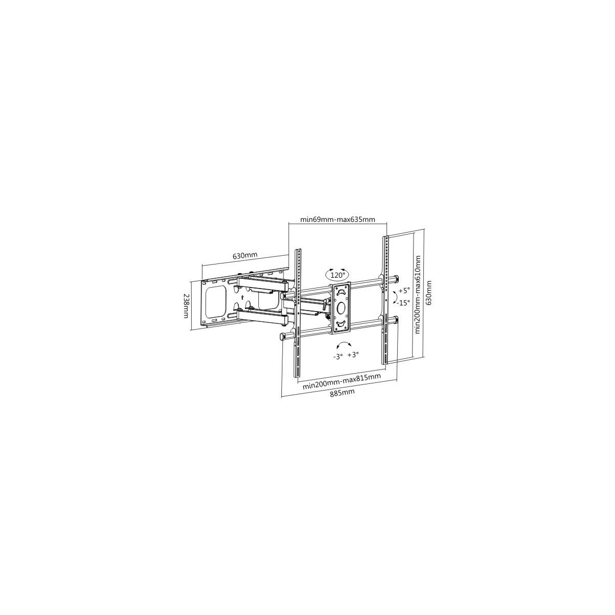 Dibujo técnico de un soporte de TV giratorio con dimensiones.