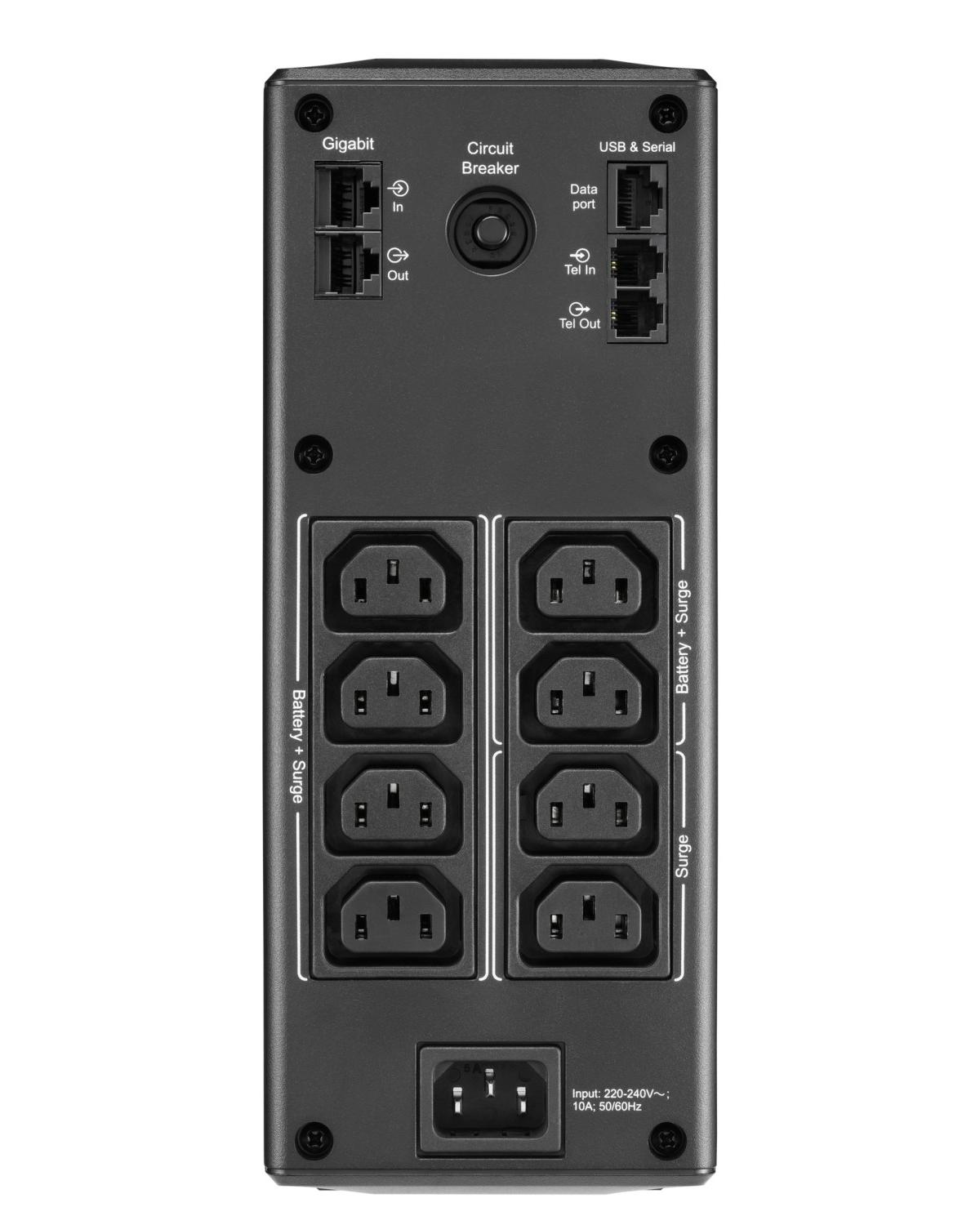Vista posteriore di un'unità UPS nera con porte etichettate: Gigabit, Interruttore, USB e seriale.