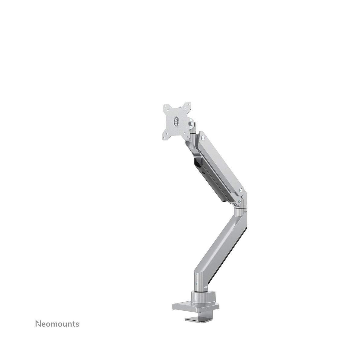 A silver monitor arm with a clamp, set against a white background.