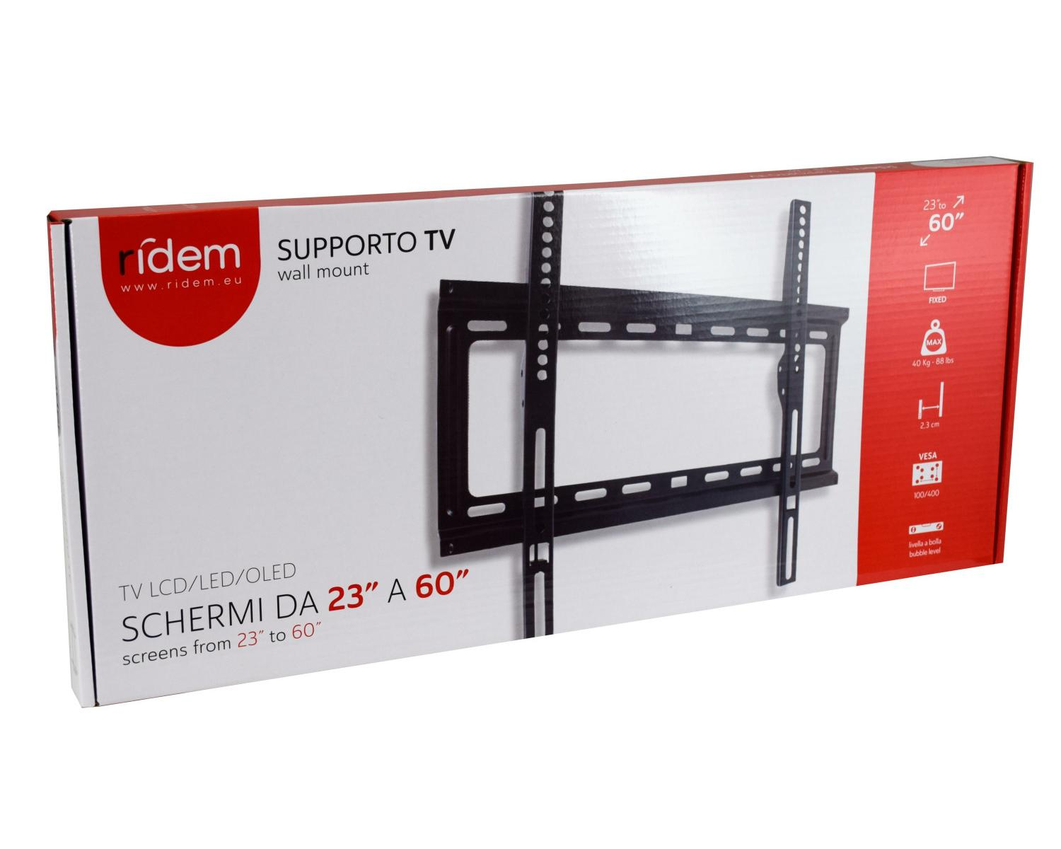 Verpackung einer TV-Wandhalterung für 23-60 Zoll Bildschirme, Max. 40 kg.