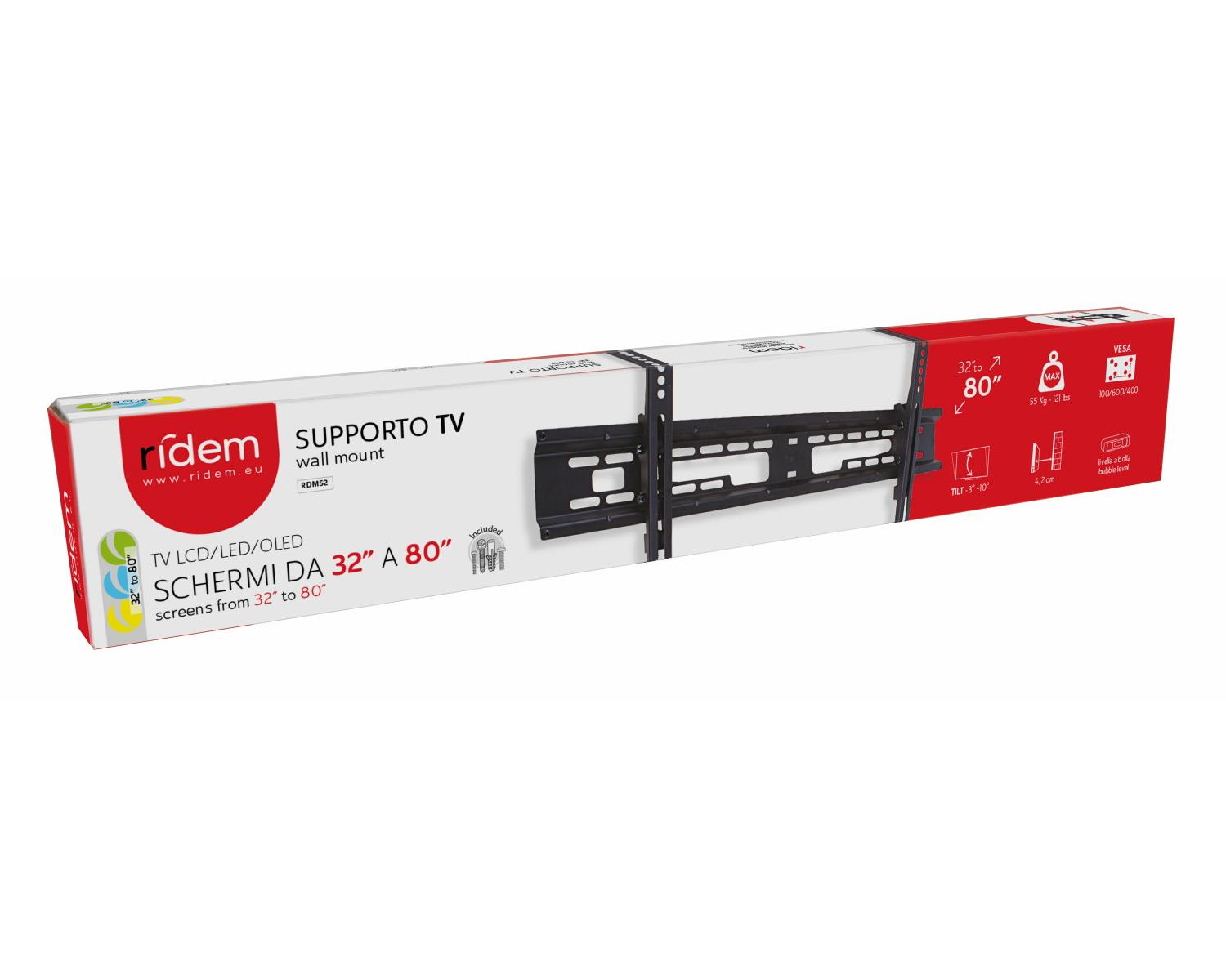 Doos van een tv-muurbeugel voor 32-80 inch schermen, max 55 kg.
