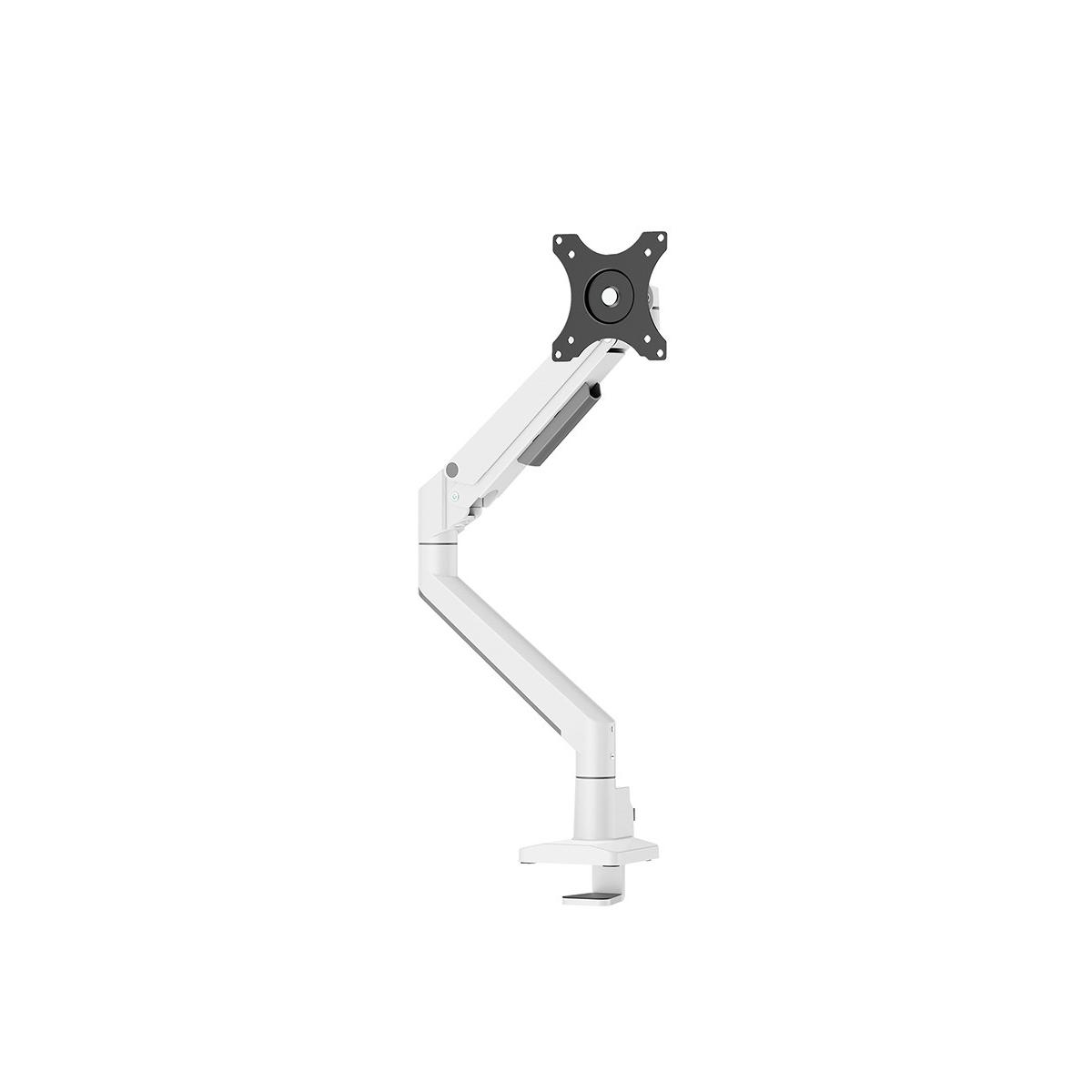 A white monitor arm with clamp, mounted on a white background.