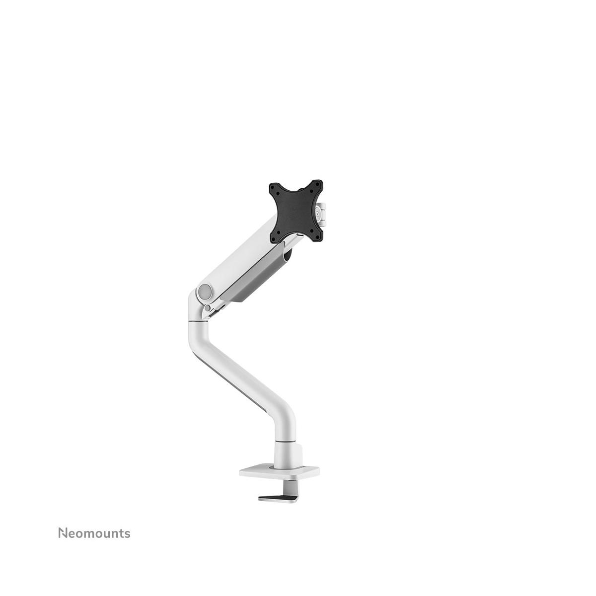 A white monitor arm with a clamp base and mount on a white background.