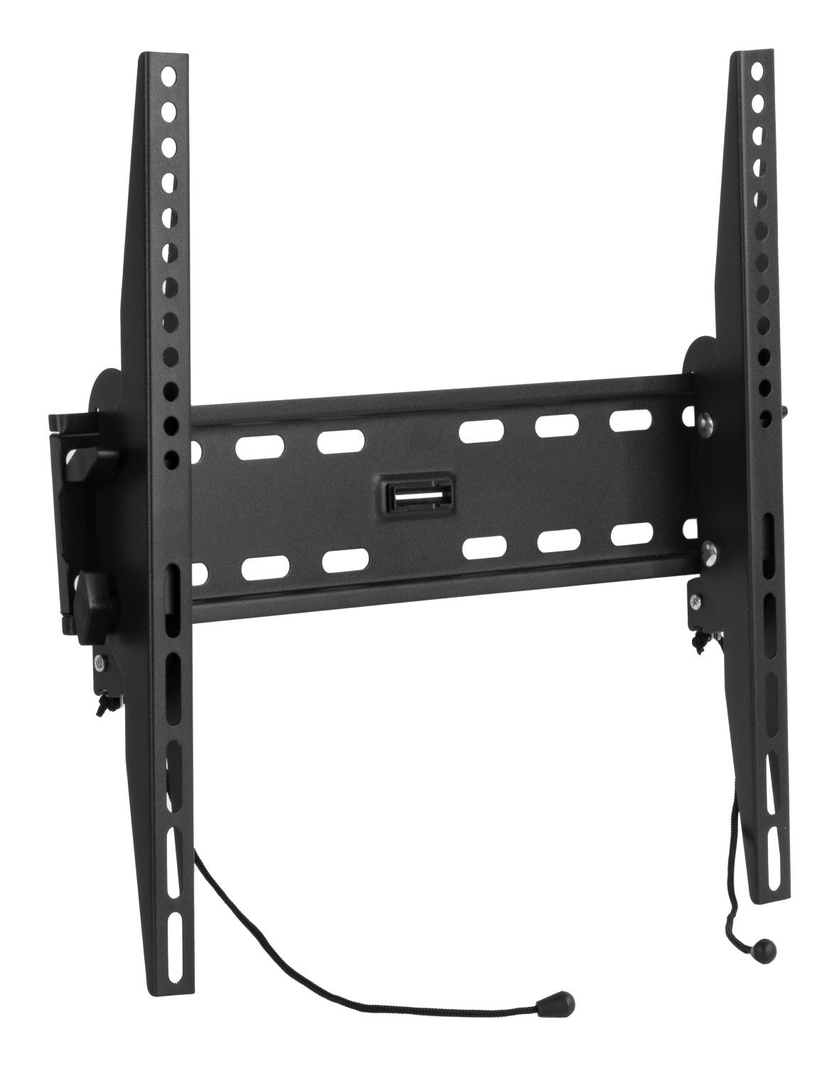 Schwarze TV-Wandhalterung mit verstellbaren Armen und Kabelführungen.
