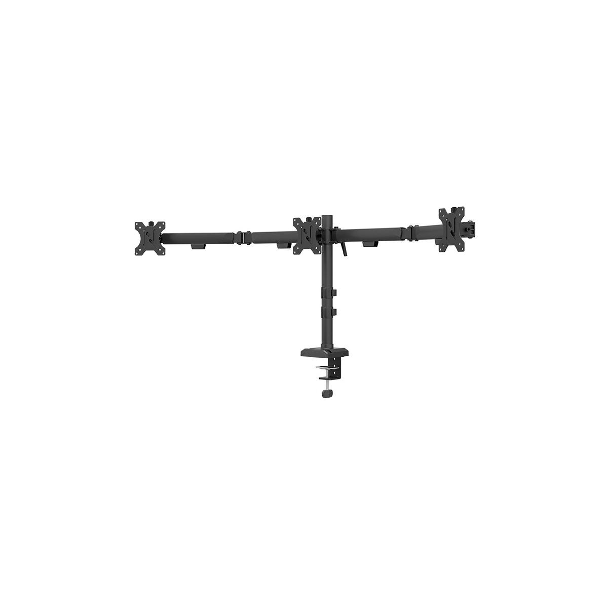 A black triple monitor arm mount clamped to a desk edge.
