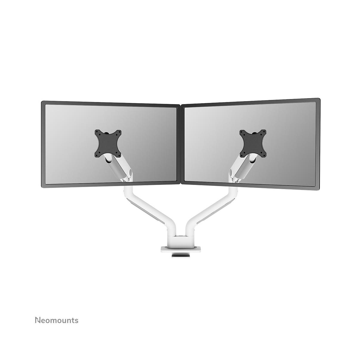 Een witte dubbele monitorstandaard houdt twee monitoren met grijze schermen vast.