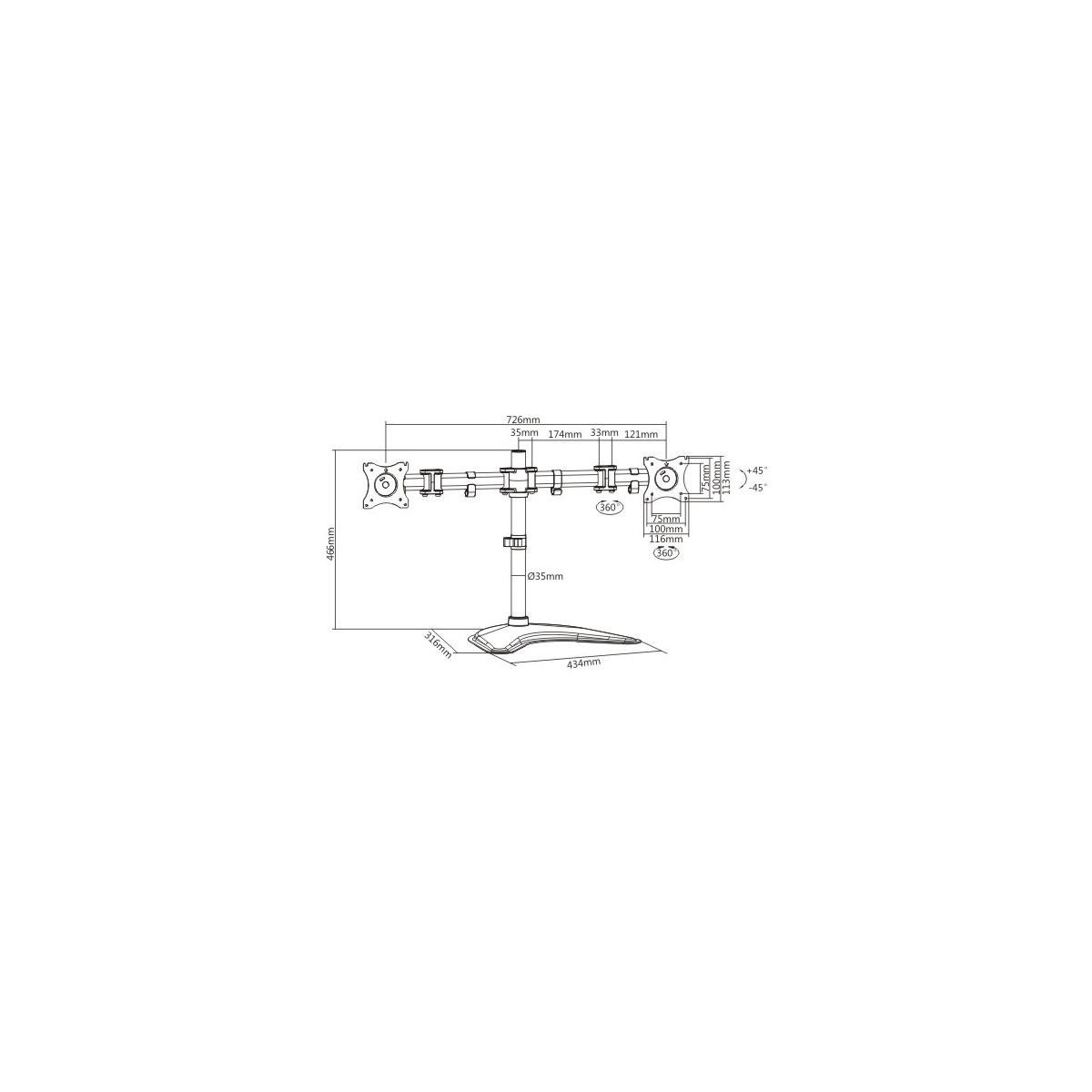 Disegno tecnico di un supporto per monitor con dimensioni e angoli.