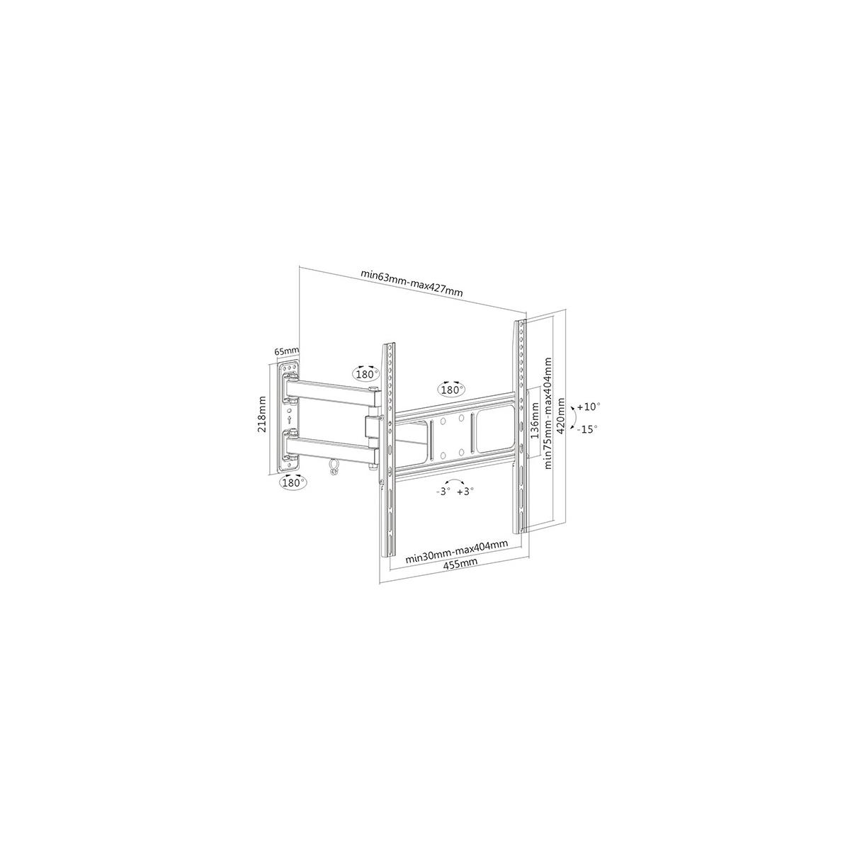 Diagrama de un soporte de pared para TV con dimensiones y ángulos.