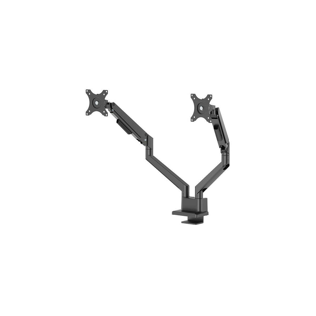 Black dual monitor desk mount with adjustable arms and clamp base.
