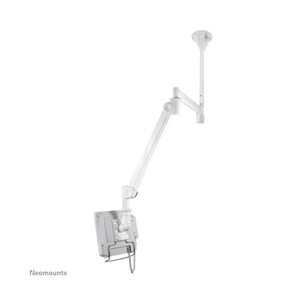 A white ceiling arm with a monitor mount attached to a wall.