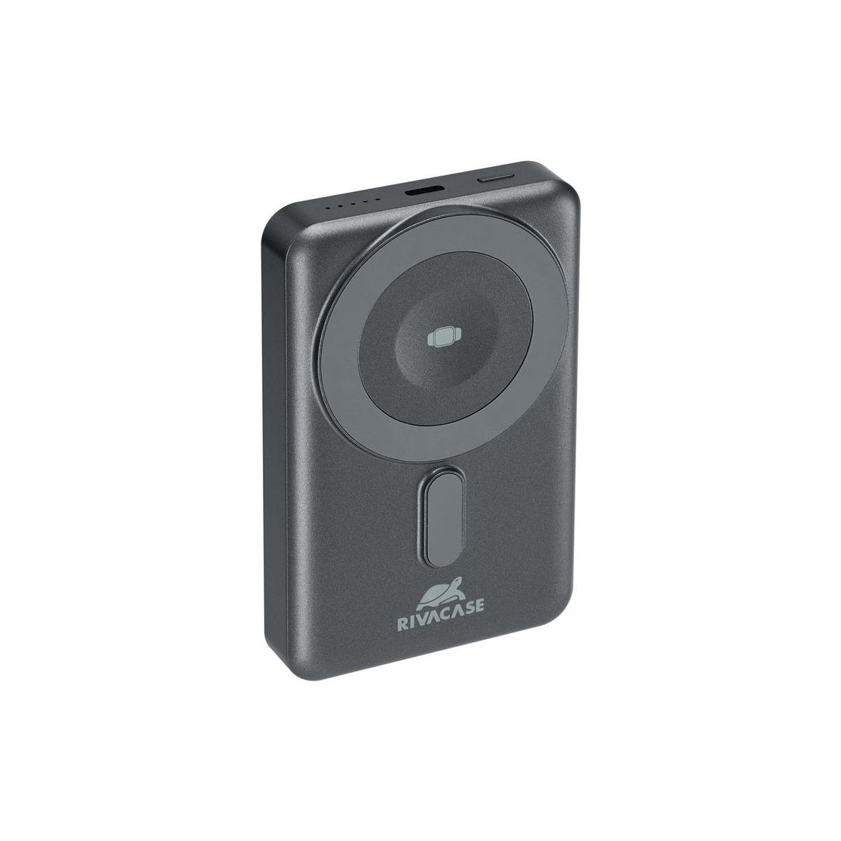 Un power bank grigio e rettangolare con superficie di ricarica magnetica e logo.