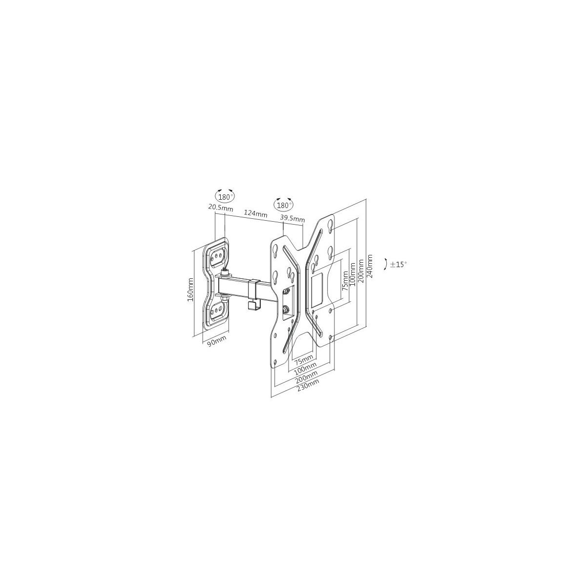Disegno tecnico di un supporto da parete girevole con dimensioni.