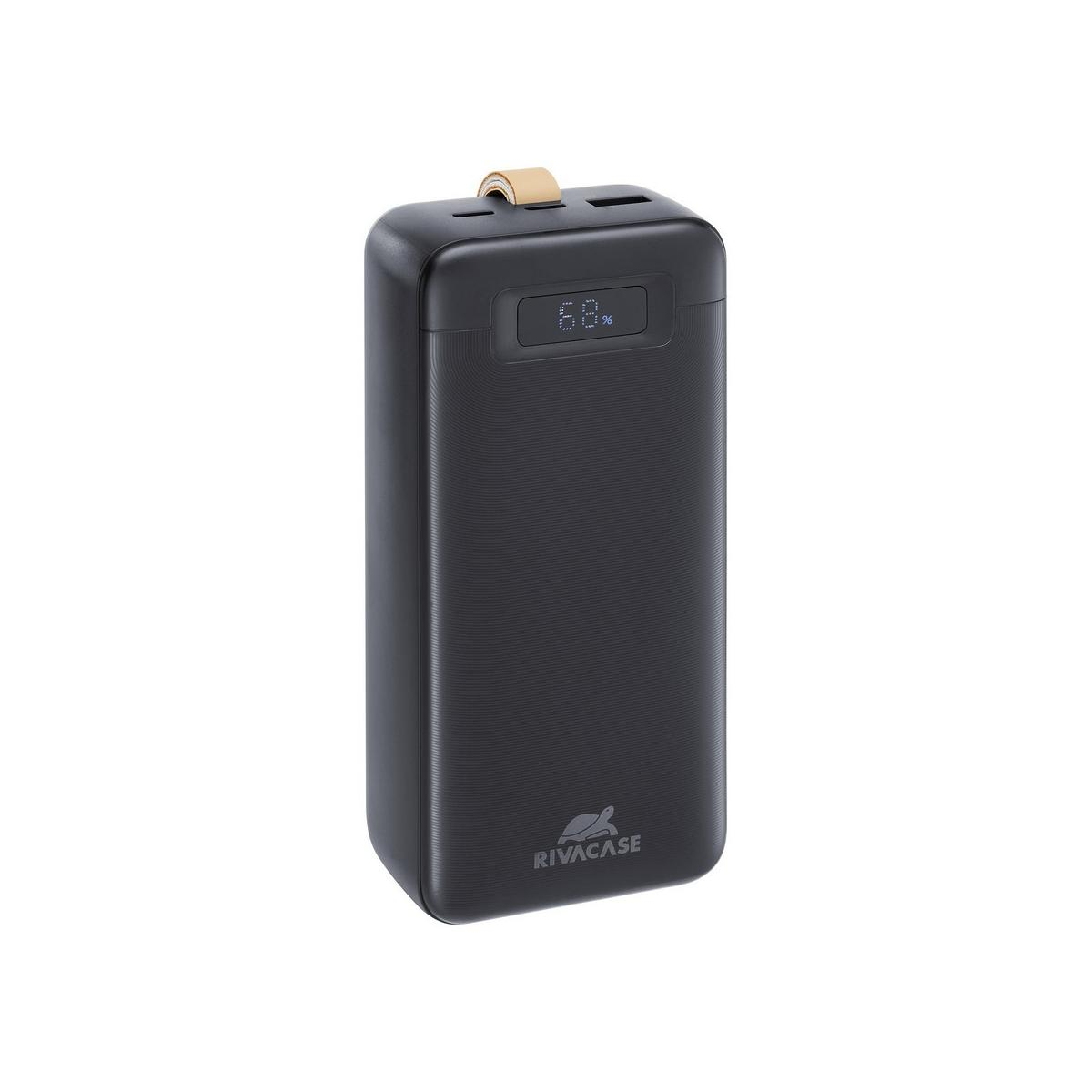 Eine schwarze RIVACASE Powerbank mit Digitalanzeige, die 68% Akku anzeigt.