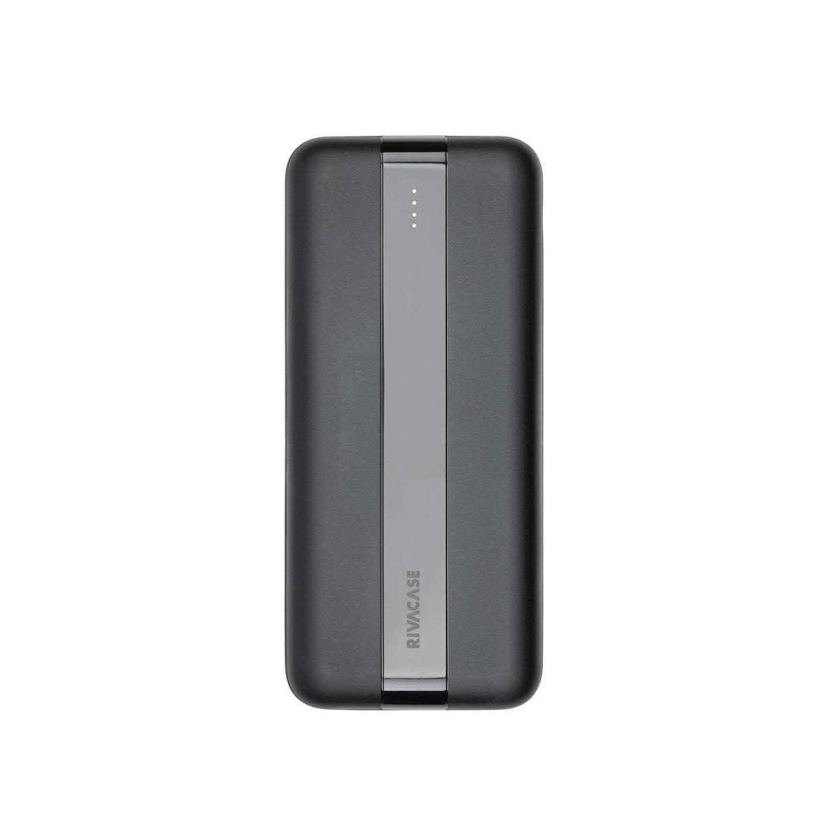 Un power bank RIVACASE grigio scuro con striscia verticale grigio chiaro e quattro spie.