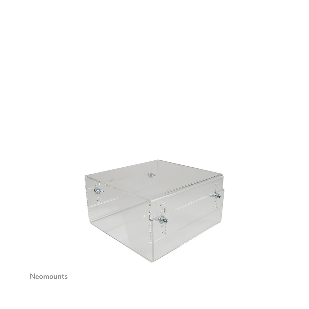 A clear acrylic box with metal screws, set against a white background.