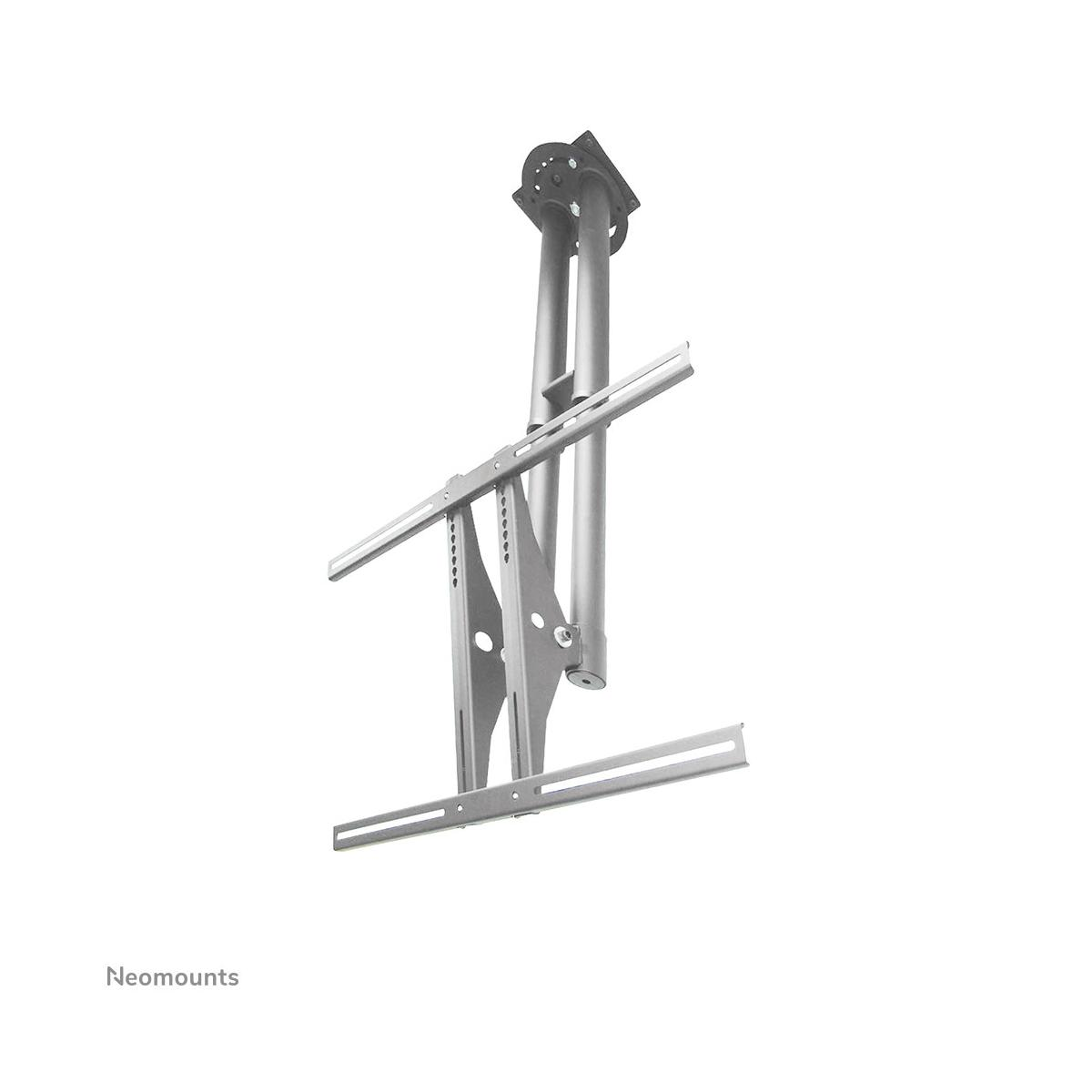Eine silberne Deckenhalterung für Bildschirme mit zwei vertikalen Stangen.