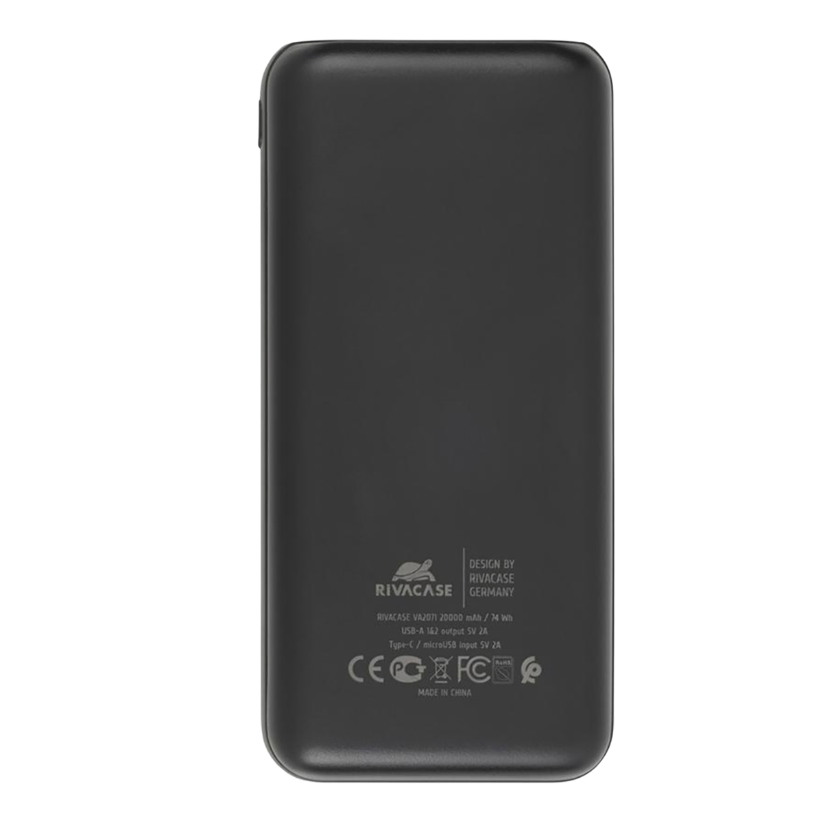 Scocca nera power bank RIVACASE con dettagli tecnici e certificazioni.