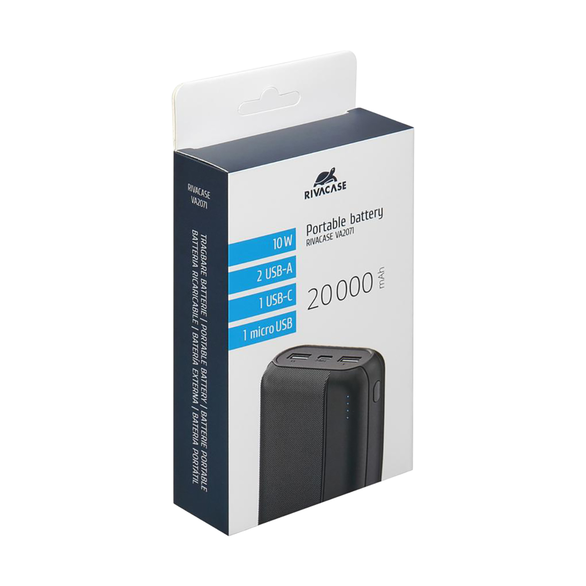 Confezione power bank portatile Rivacase da 20000mAh con porte USB-A, USB-C, Micro-USB.