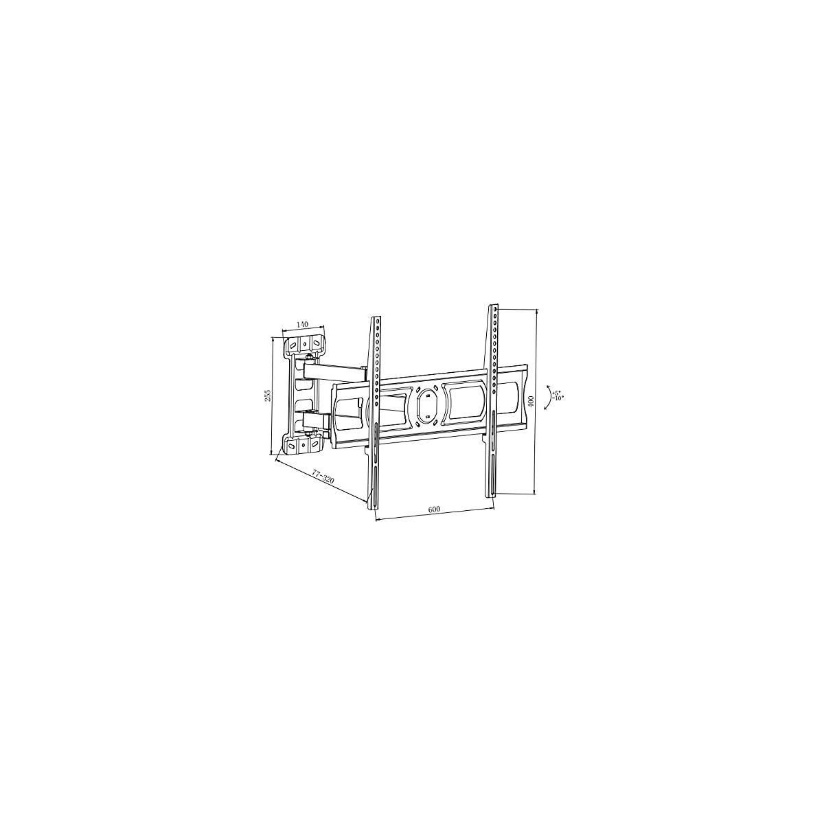 Disegno tecnico di un supporto da parete per TV con dimensioni.