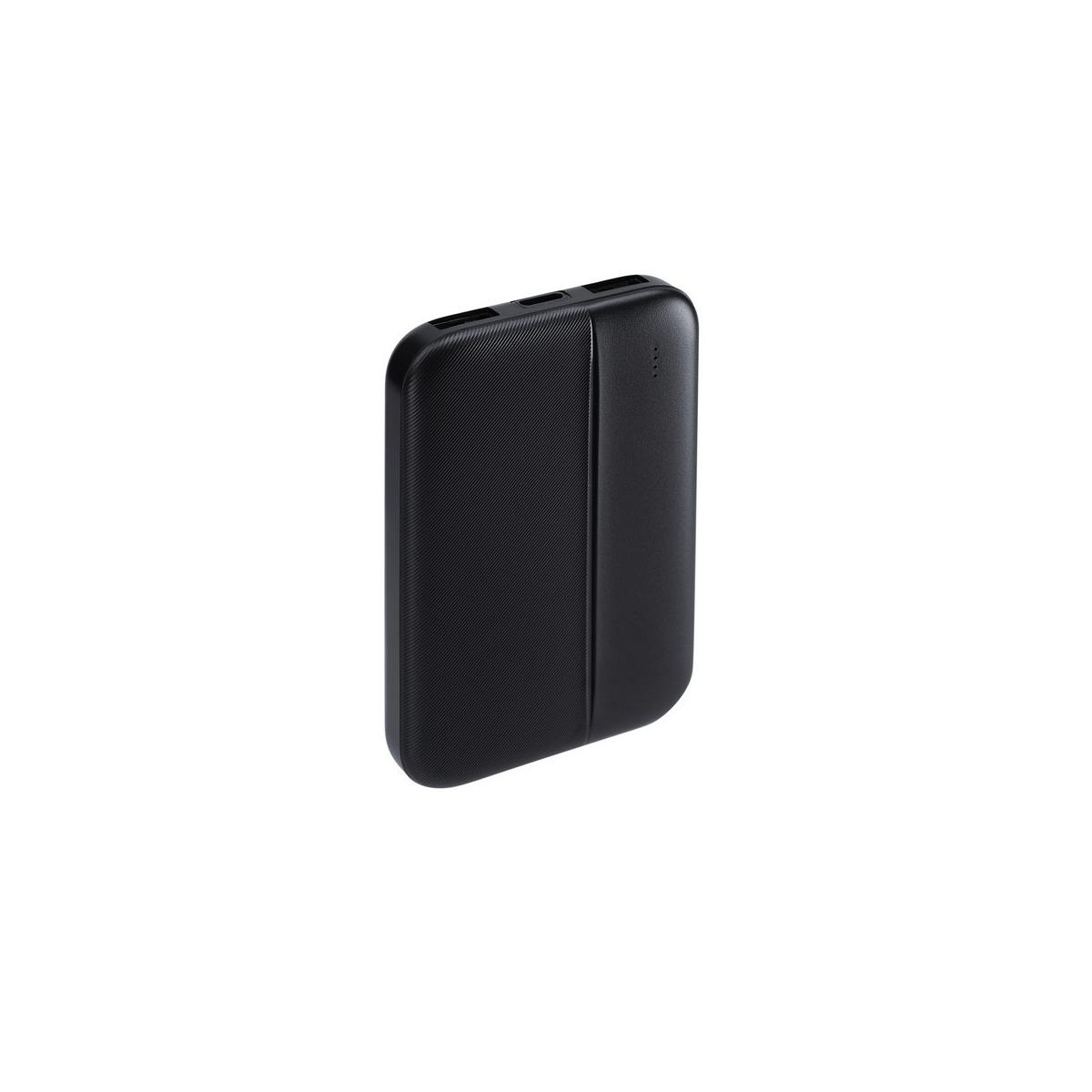 Un power bank nero e rettangolare con superficie scanalata e indicatori di carica.