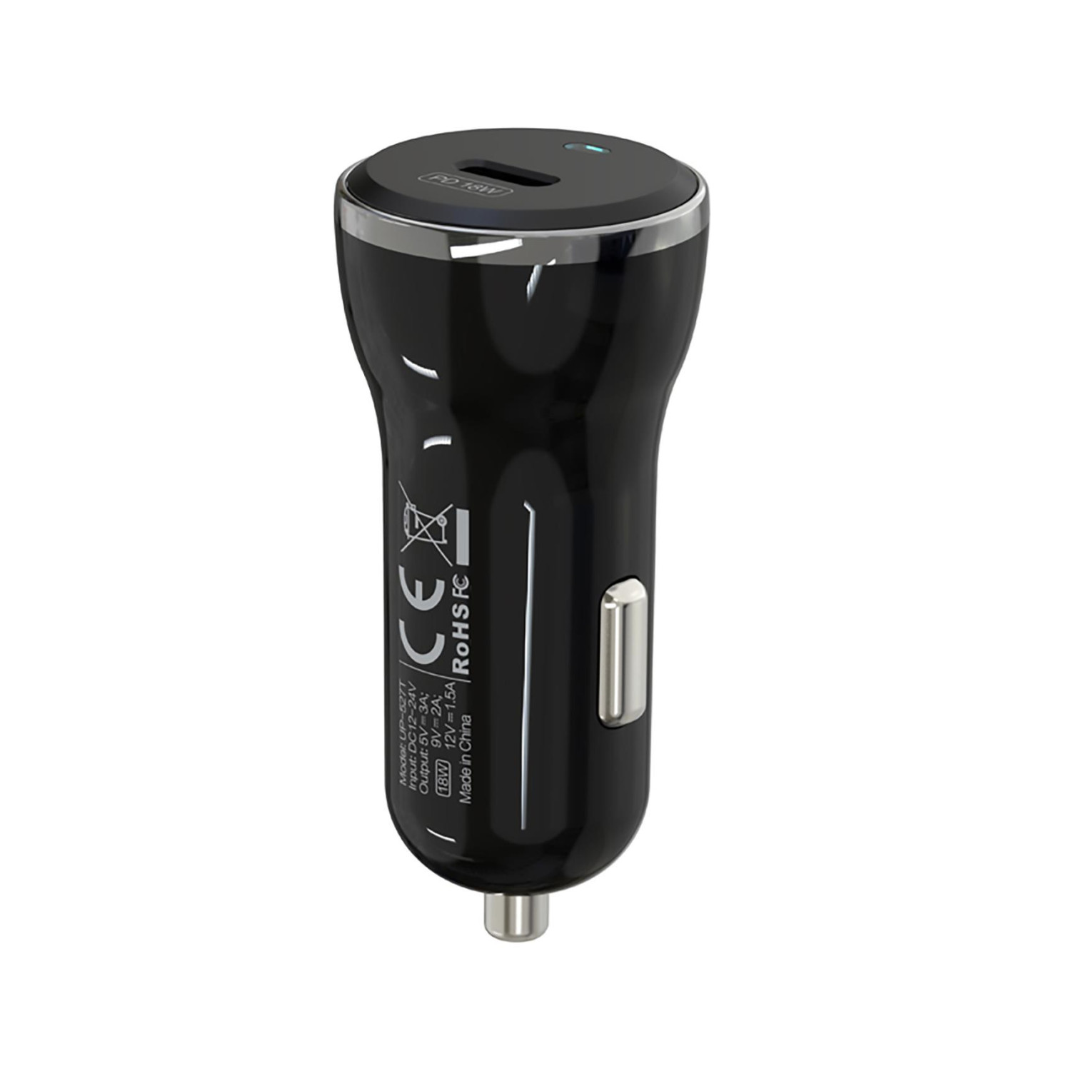 Cargador de coche negro con logos PD 18W, CE, RoHS FC. Modelo UP-527T.