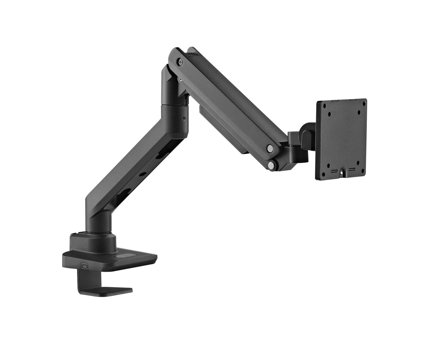 A black adjustable monitor arm with a clamp base on a white background.