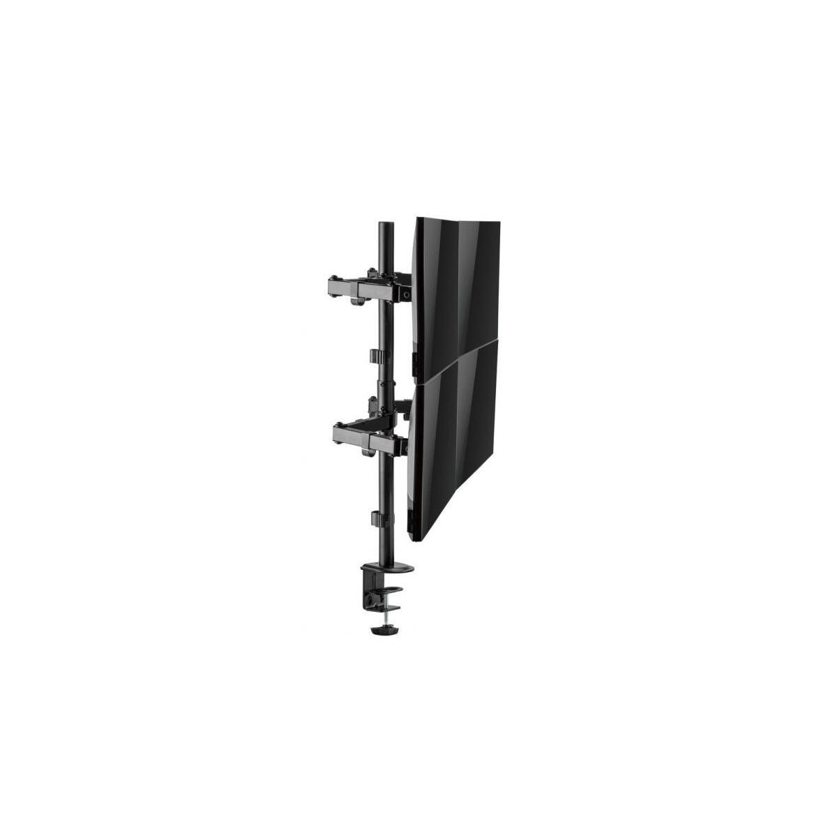 Supporto da scrivania nero per doppio monitor con morsetto e bracci regolabili.