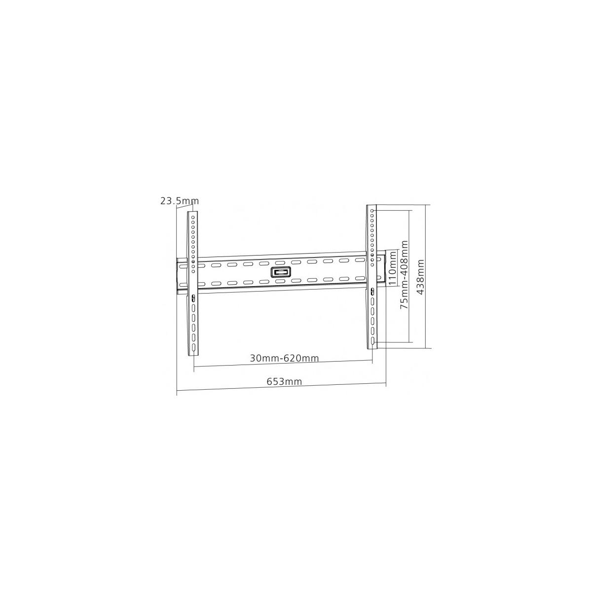 Dessin technique d'un support mural TV avec dimensions 653mm de large, 438mm de haut.