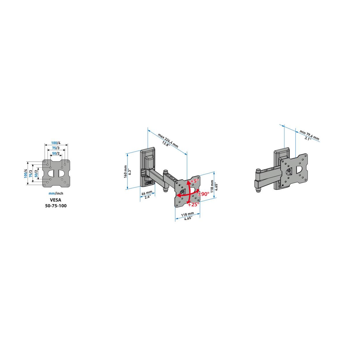 Dibujo técnico de un soporte de monitor con dimensiones y estándares VESA.