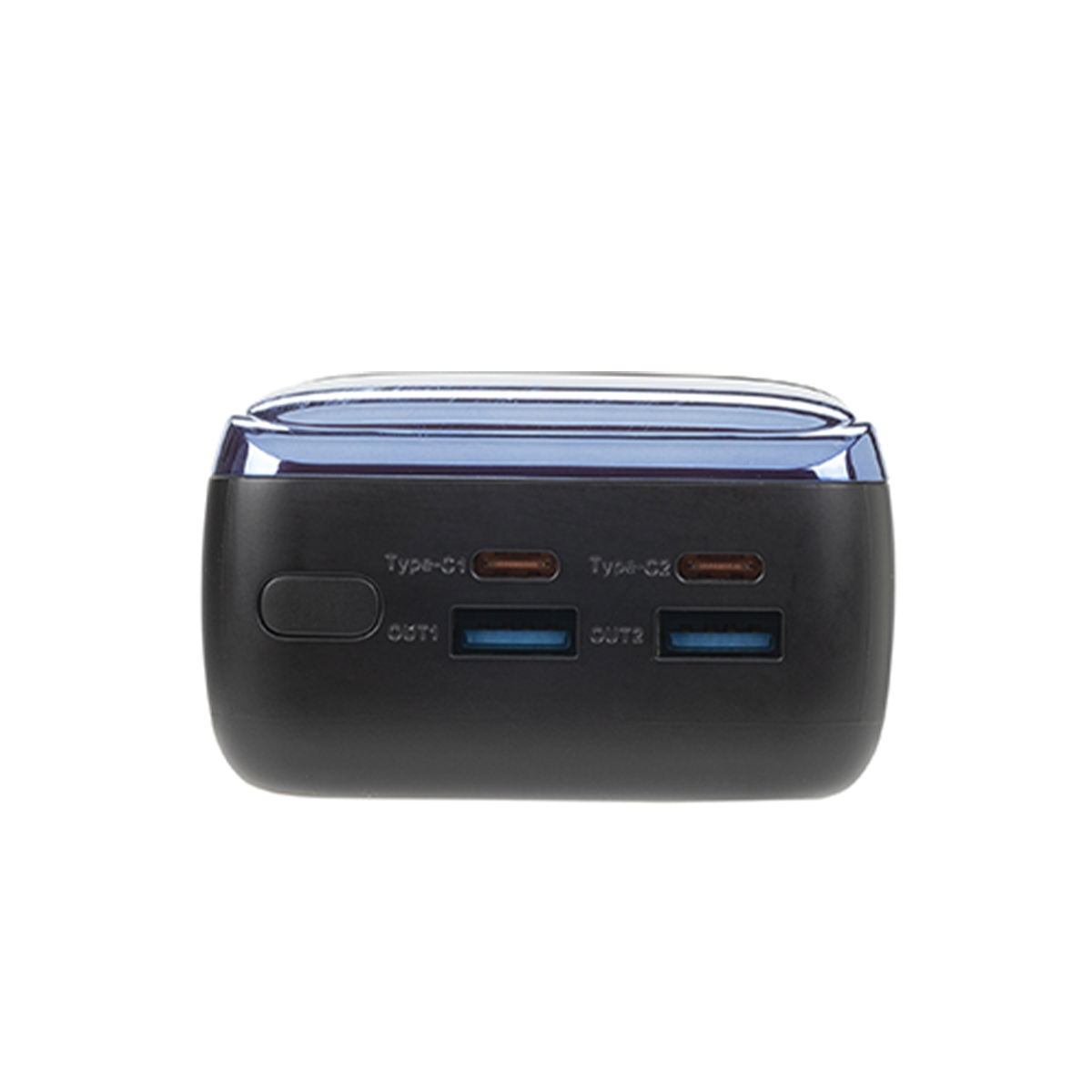 Zwarte powerbank met twee USB-C en twee USB-A poorten.