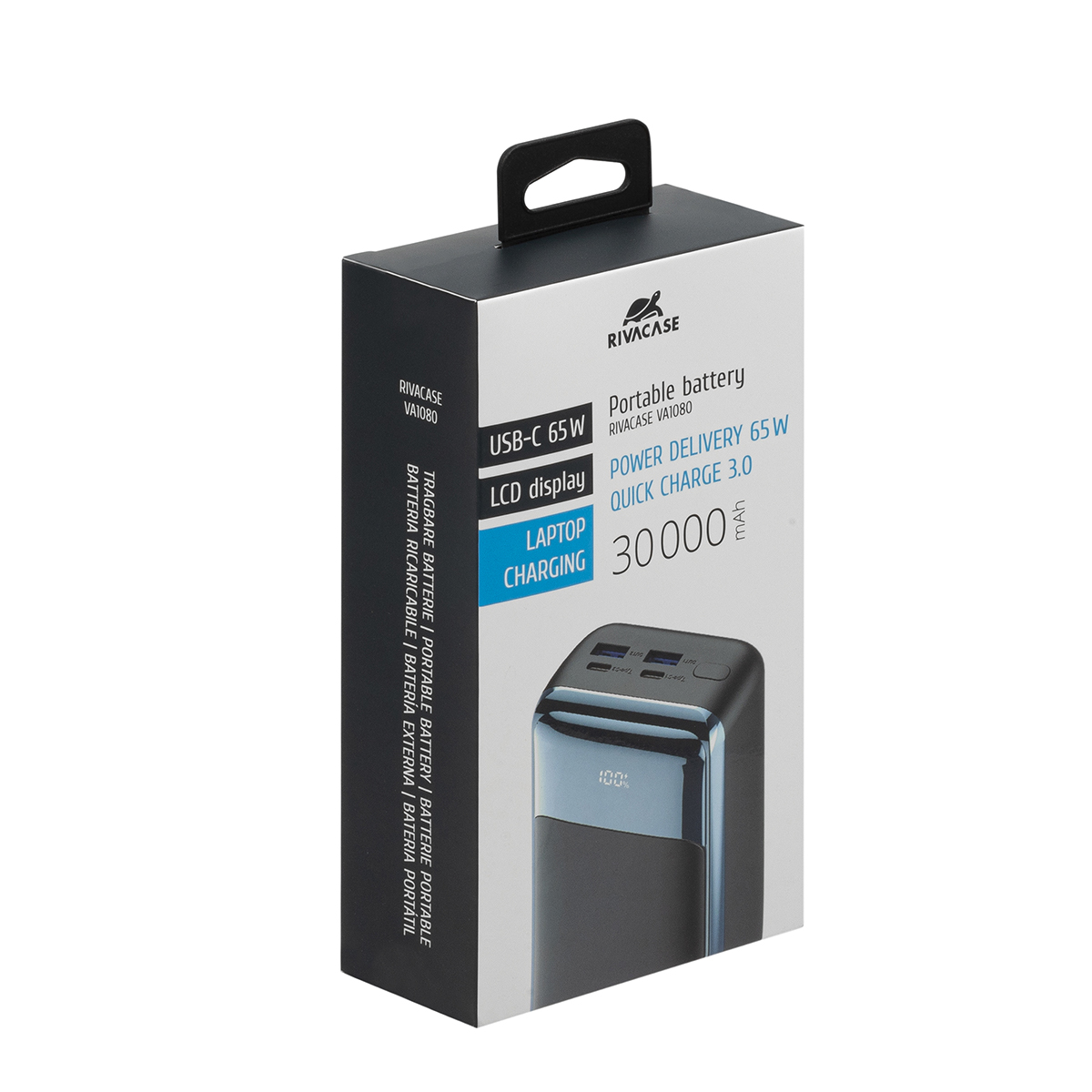 Verpakking van een draagbare 30000mAh powerbank met 65W snelladen.