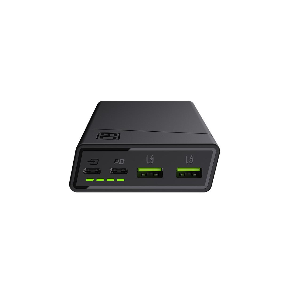Schwarzes Ladegerät mit zwei USB-Anschlüssen und Ladeanzeige.