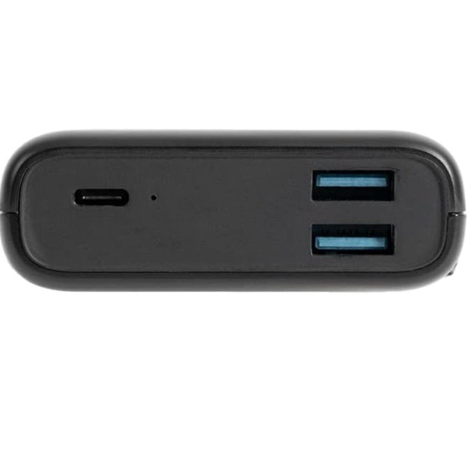Een zwart powerbank-apparaat met een USB-C-poort en twee USB-A-poorten.