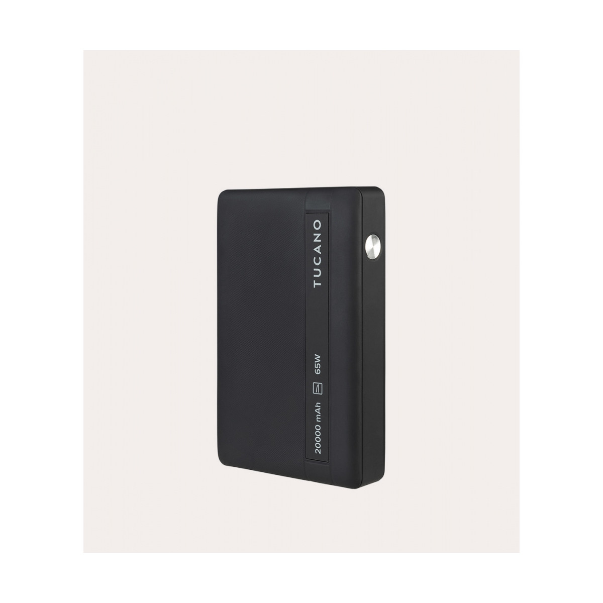 Power bank Tucano nera da 20000 mAh e 65W.