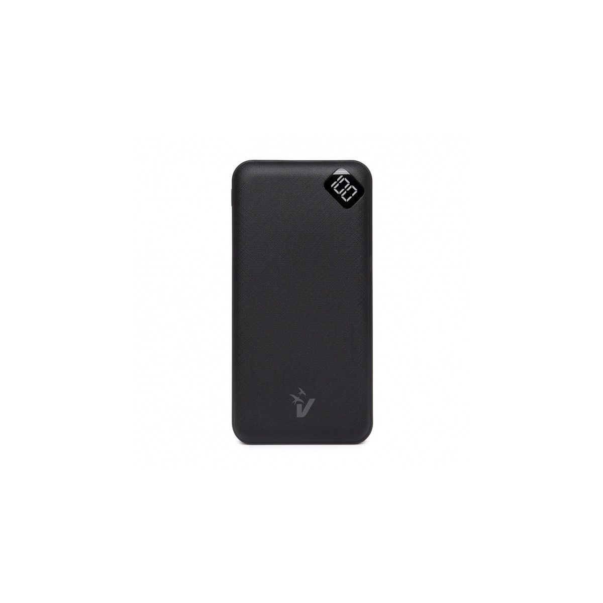 Un power bank nero con display digitale che mostra il 100% di carica.