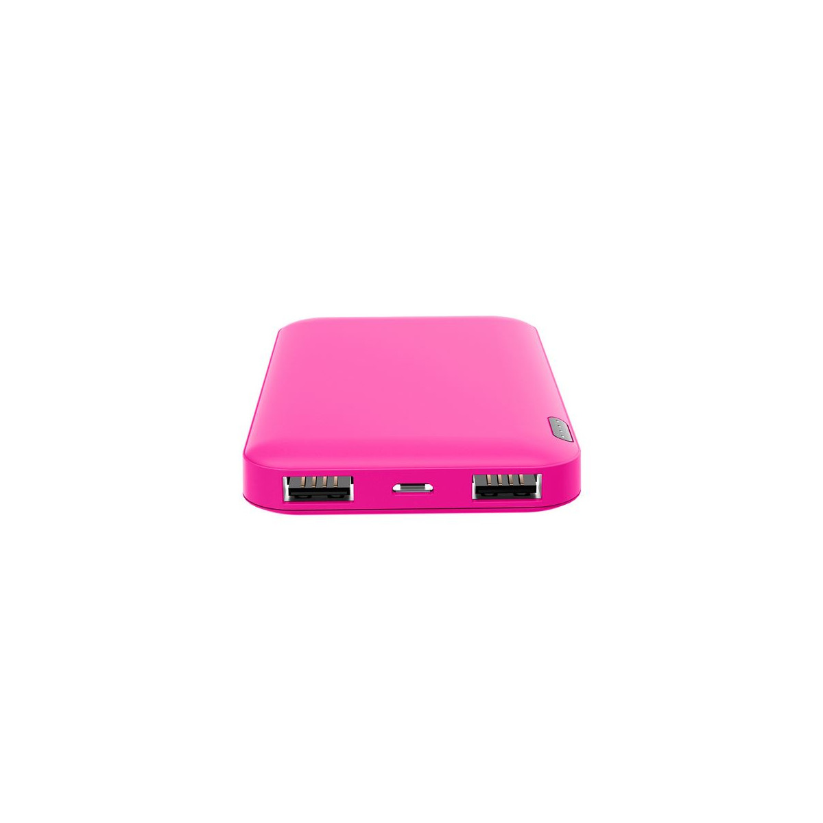 Un power bank rosa acceso con due porte USB e una porta di ricarica.