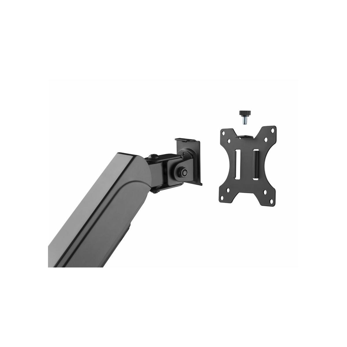 Black monitor arm and VESA plate with screw on a white background.