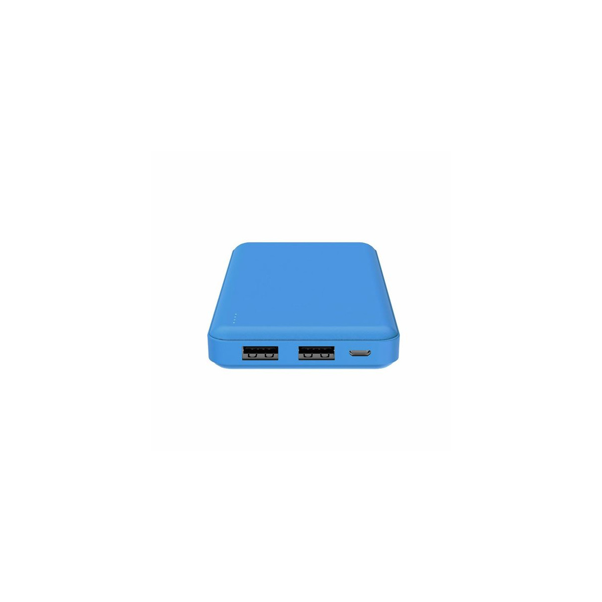 Un power bank blu con due porte USB e una porta USB-C su sfondo bianco.