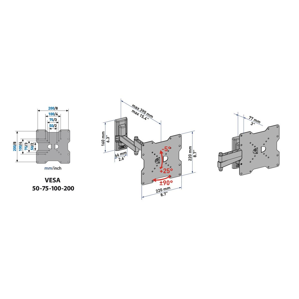 Diagram van een VESA muurbeugeladapter met afmetingen.