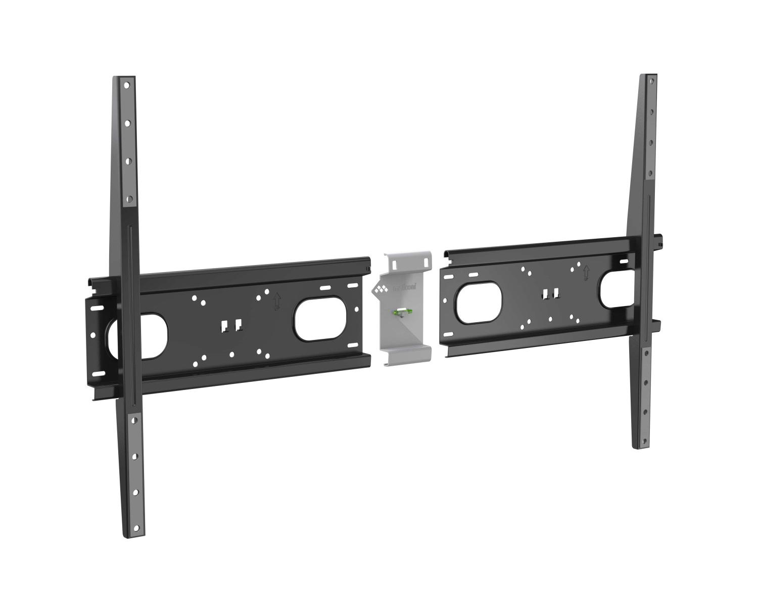 Soporte de pared para TV negro con nivel plateado y agujeros de montaje.