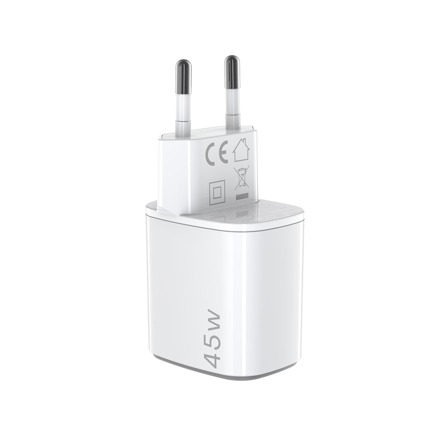 Un enchufe de carga blanco de 45W con dos clavijas plateadas y marca CE.