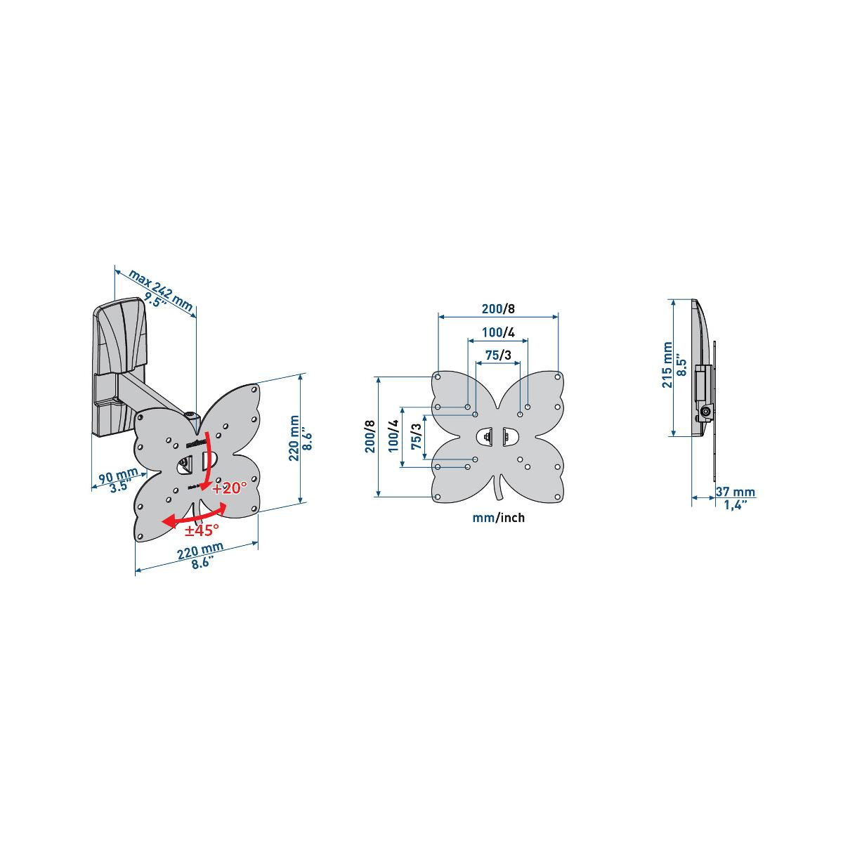 Disegno tecnico di un supporto a parete con dimensioni e angoli.