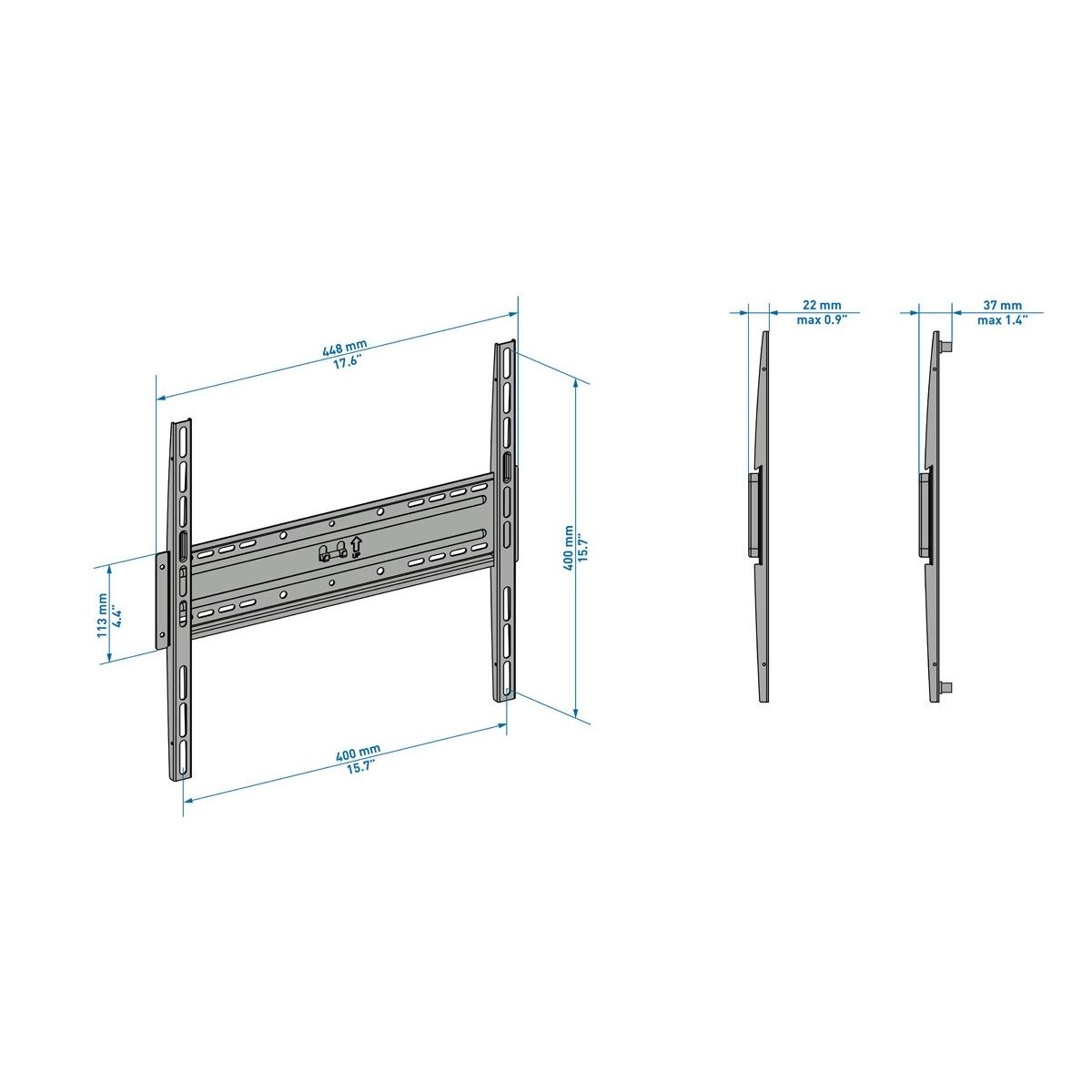 Dibujo técnico de un soporte de pared para TV con dimensiones.