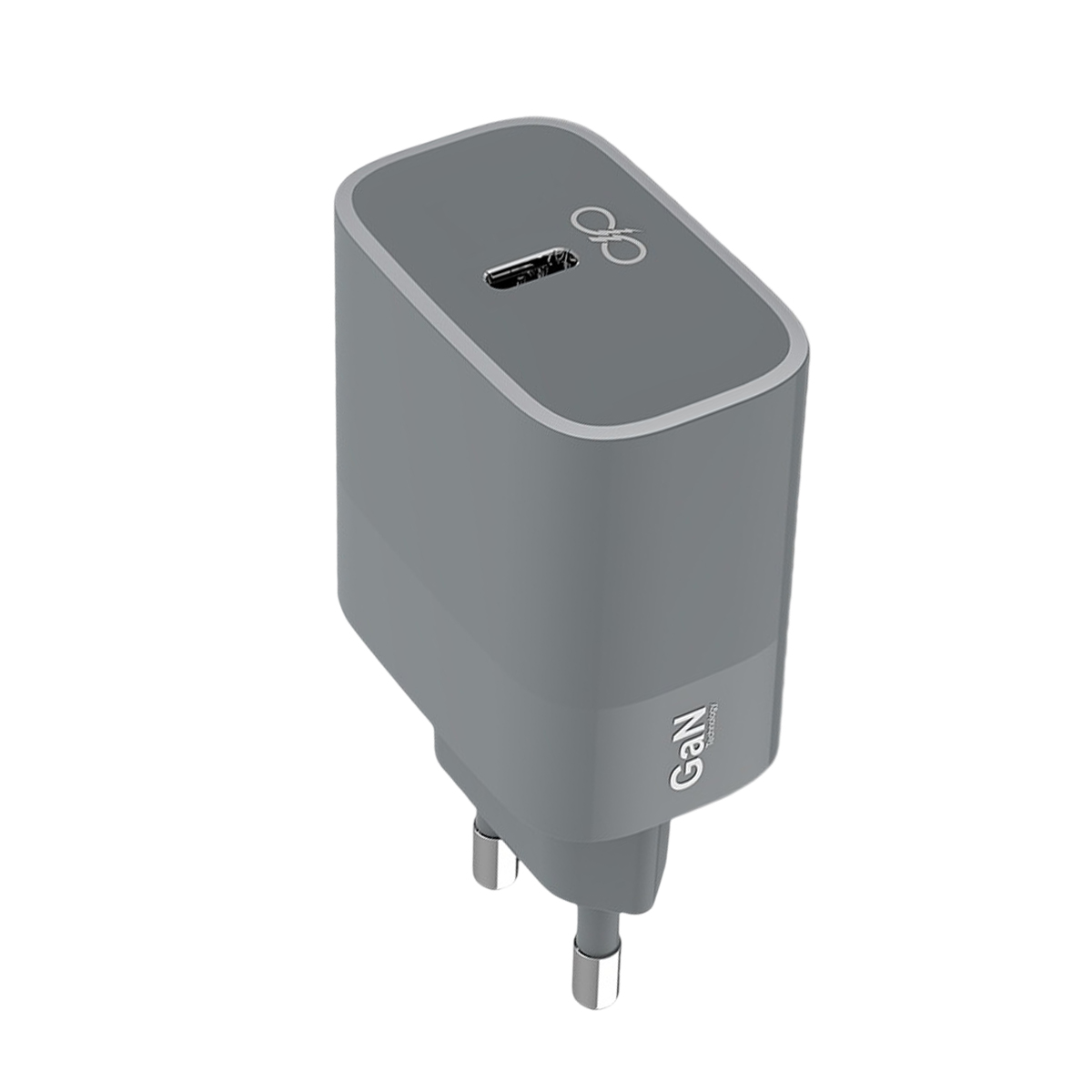 Caricatore GaN USB-C grigio con due pin metallici e una porta USB-C.