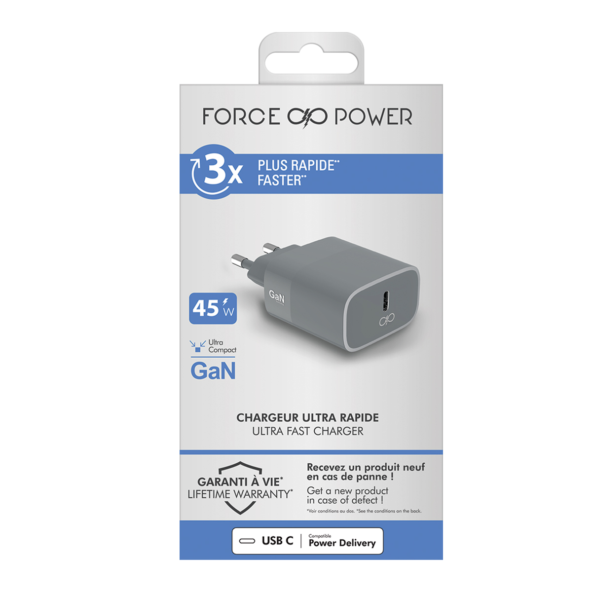 Adattatore di alimentazione USB-C GaN grigio da 45W con due pin sulla confezione.