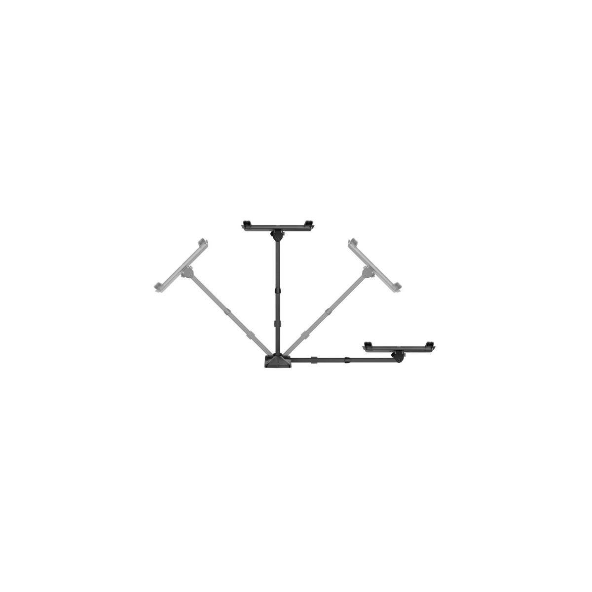 Un soporte negro ajustable con tres brazos capaces de sujetar tabletas.