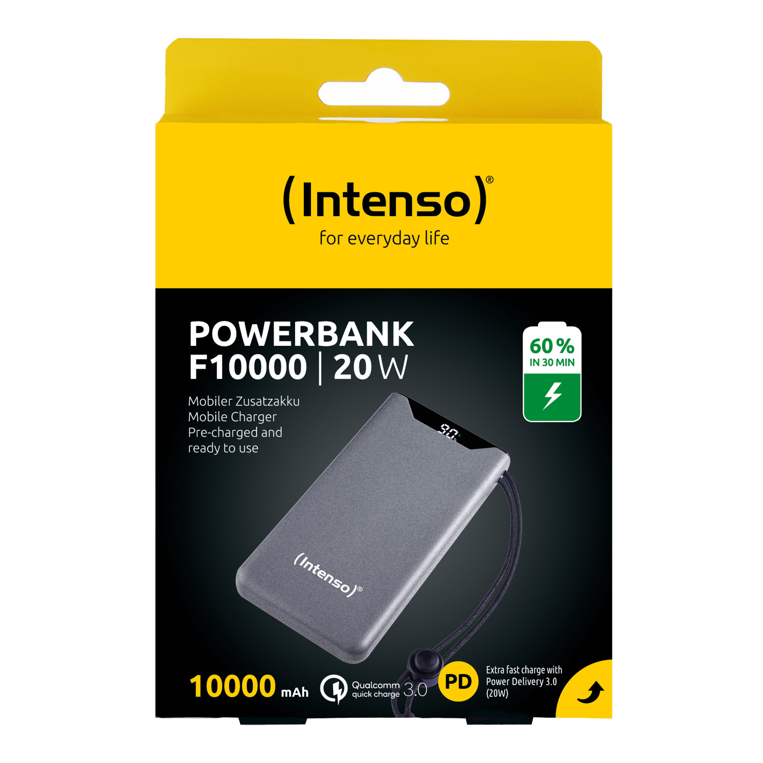 Grijze Intenso Powerbank F10000 20W op geel-zwarte verpakking met oplaadindicator.