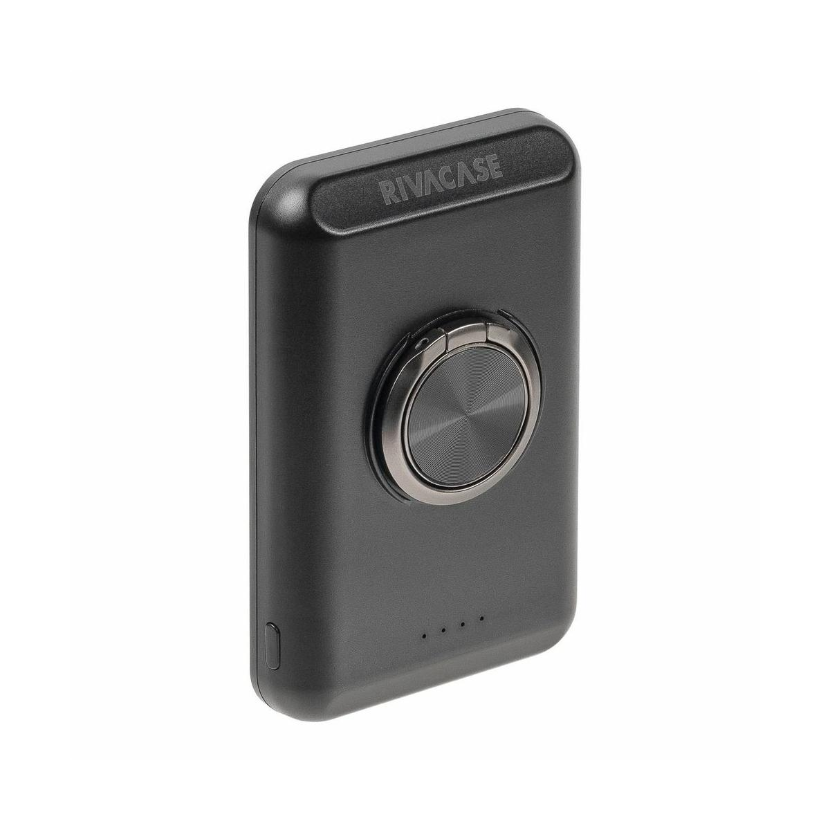 Power bank RIVACASE nero con anello argento frontale, sfondo bianco.