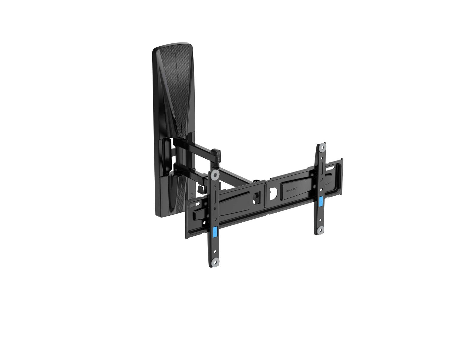 Soporte de pared negro para TV con brazos extensibles.